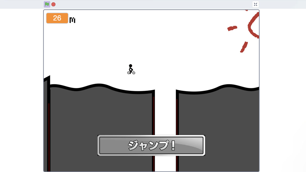 Scratchで再現したチャリ走のプレイ画面